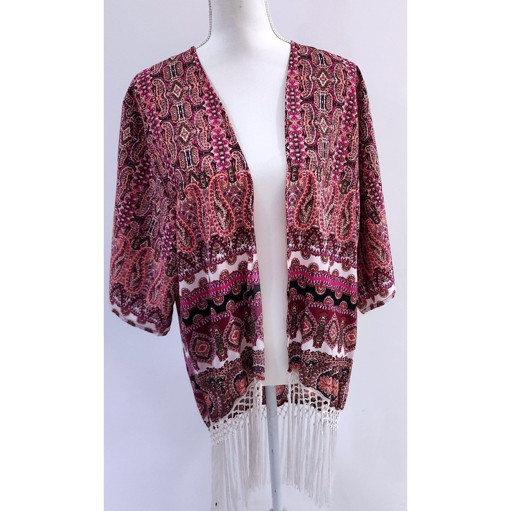 Chelsea & Theodore Pink Paisley Fringe Kimono Cardigan Open Front Wrap Large